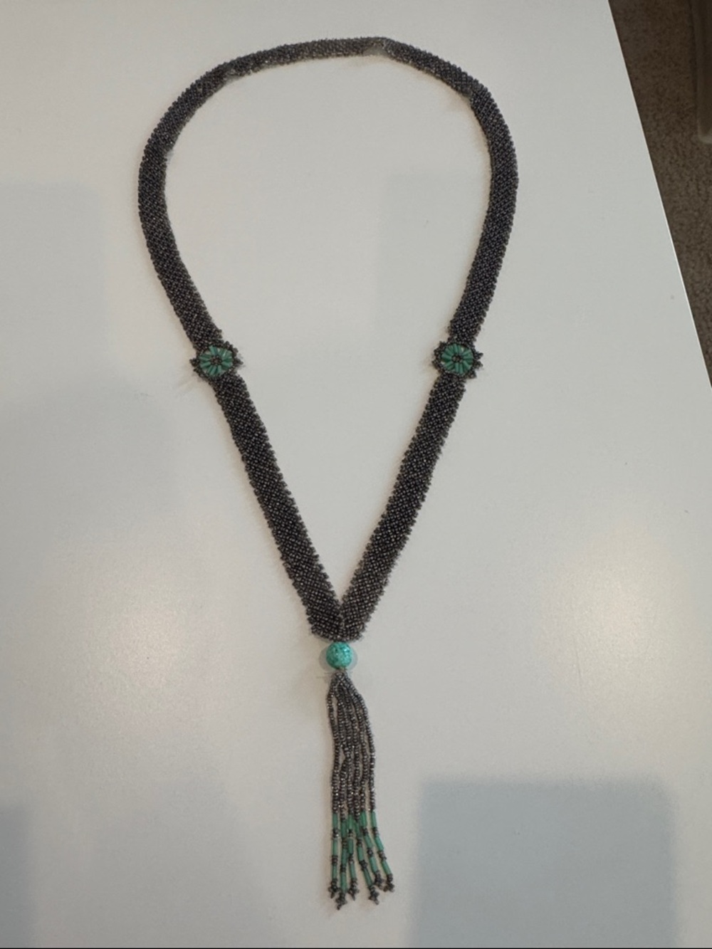 Grey Beaded Necklace with Green Accents - Designer Style